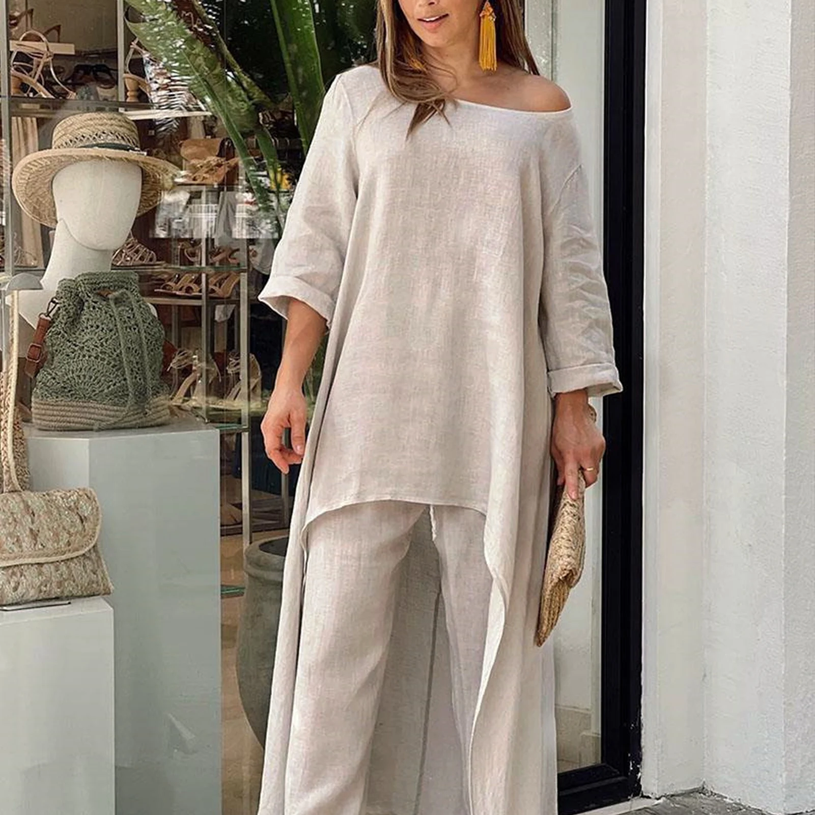 

Solid Color Casual Women 2 Piece Sets Fashion Half-sleeve O-neck Irregular Long Tops And Trousers Suit Ladies Loose Commute Set