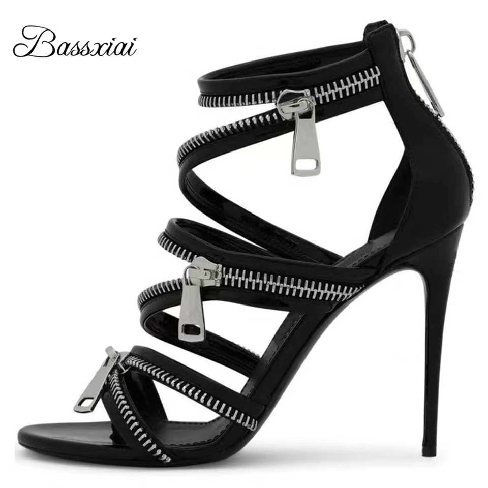 

Luxury Zipper Decor Narrow Band Women Sandals 10cm Stiletto Heel Back Zip Open Toe Summer Shoes For Girls