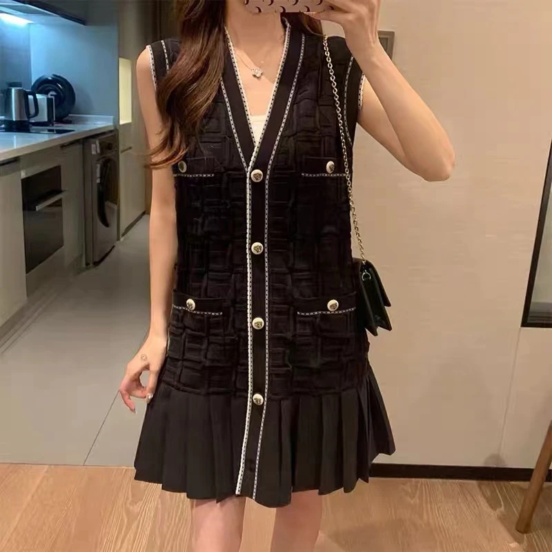 

Mini Folds Pleated Dress Women Summer Sleeveless Stylish Sweet Single-breasted Loose Dresses Korean Elegant Vintage Dress N702