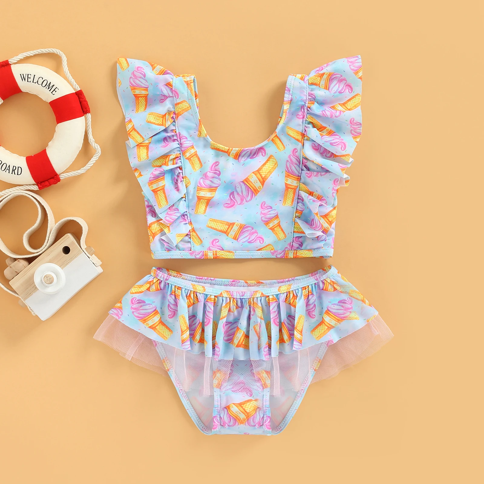 

Kids Girls Swimwear Bikini Sets 2022 Summer Mesh Ruffle Ice Cream Printed Swimsuit Children Bathing Suits Baby Beachwear 1-6Y