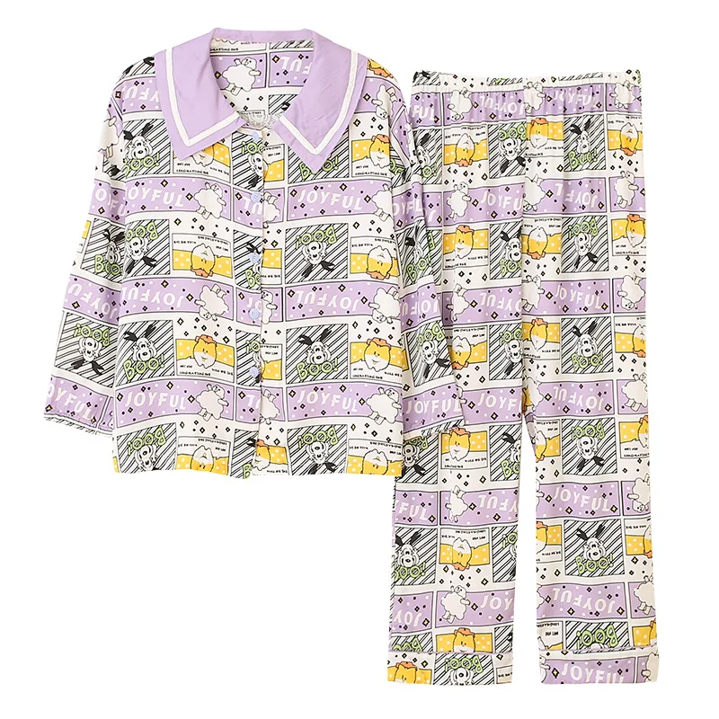 

Шелковый мультяшный пижамный комплект, женская пижама с длинным рукавом, Женская милая Домашняя одежда, женская пижама