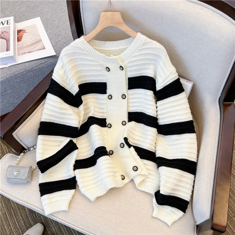 

High Quality Cardigans Sweater Coat Women Double Breasted Striped Knitted Tops Outwear Vitnage French Chic Clothes Autumn I590