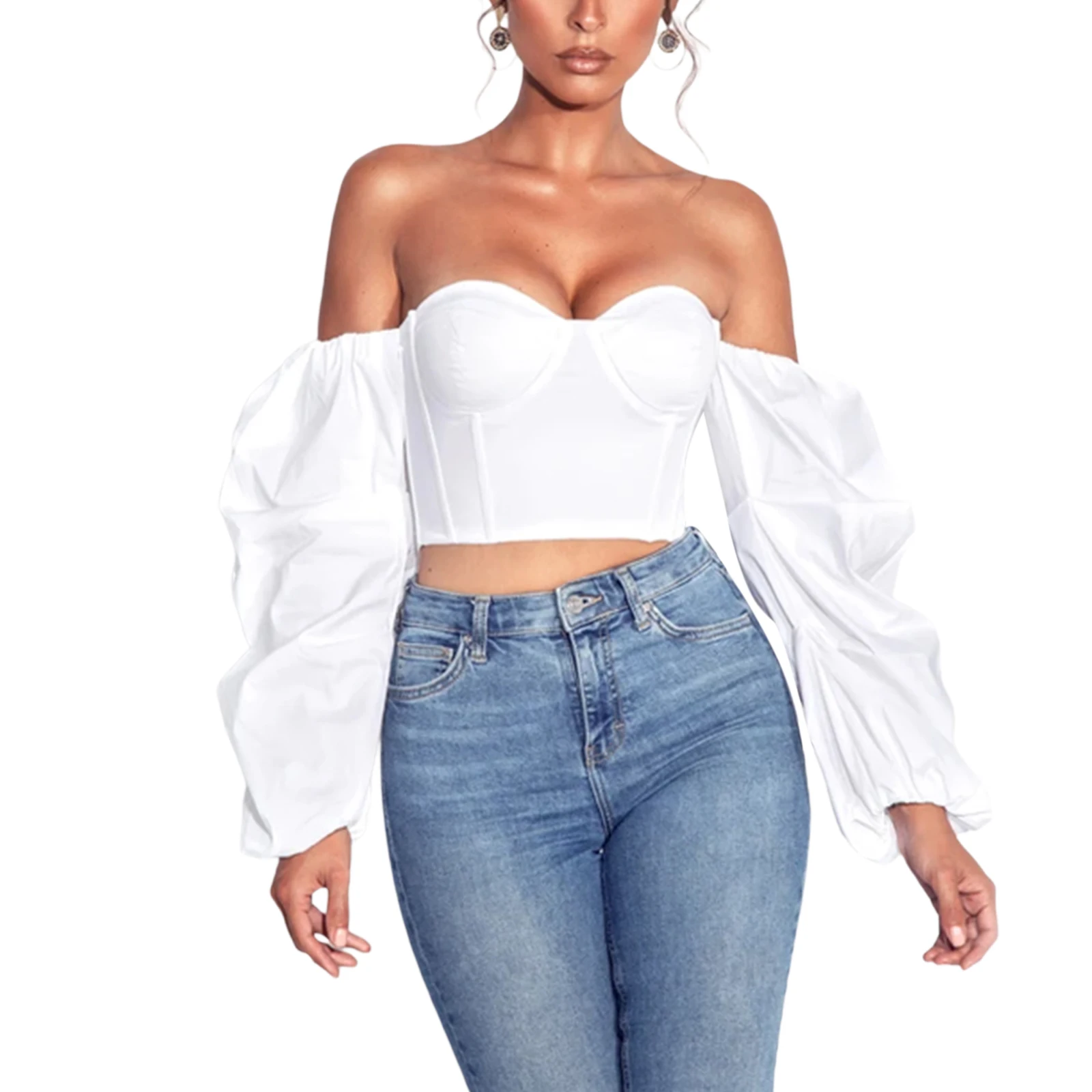 

2021 Fashion Puff Sleeve Elegant Crop Tops Blouses Spring Fall Off Shoulder Long Sleeve Vintage Shirts Blouse Female Solid Color