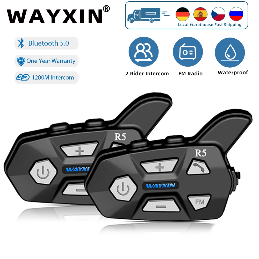 

WAYXIN R5 Helmet Headset Motorcycle Intercom 2 People 1200M Ride Interphone Universal Pairing Waterproof FM Bluetooth 5.0 DSP