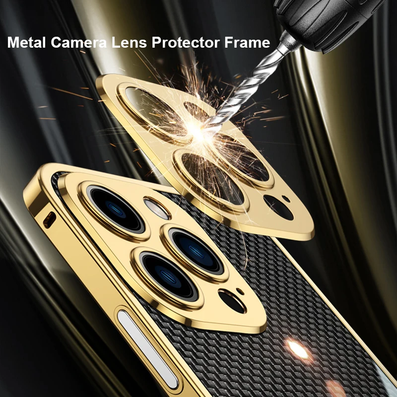 Plating Bumper Metal Case For iPhone 14 Pro MAX 13 12 11 14 Plus Aluminium Frame Phone Cover Camera Protector Carbon Fiber Film