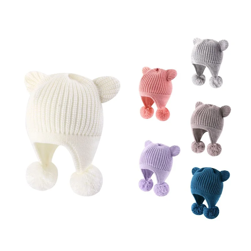 

Autumn Winter Bear Ears Pom Pom Knitted Hat Cute Little Girls Velvet Hat Baby Boys Windproof Hat 0-5 Years Kids Hat