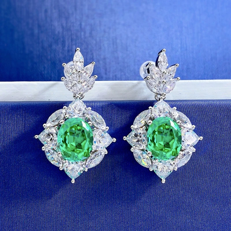 Luxury Silver 925 Jewelry Women's Flower Earrings 12*10MM Oval Green Paraiba Full Diamond Fine for Woman 2022