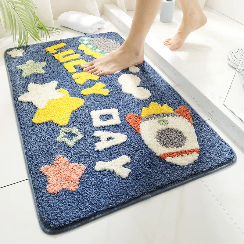 

Cartoon Universe Space Bath Mat Thick Flocking Bathroom Rug Microfiber Absorbent Non-Slip Foot Mat Shower Room Plush Doormat