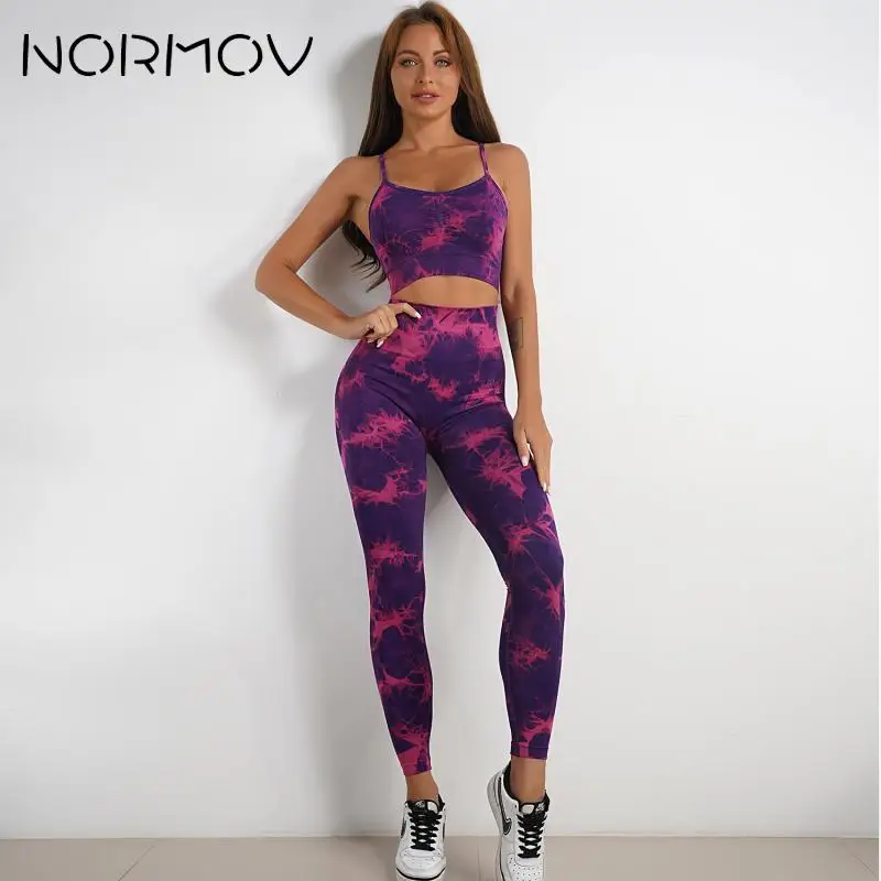 

NORMOV бесшовный Вязаный Галстук окрашенный костюм для йоги с высокой талией эластичный спортивный костюм для женщин два комплекта персиковые ягодицы Тренировочный Набор