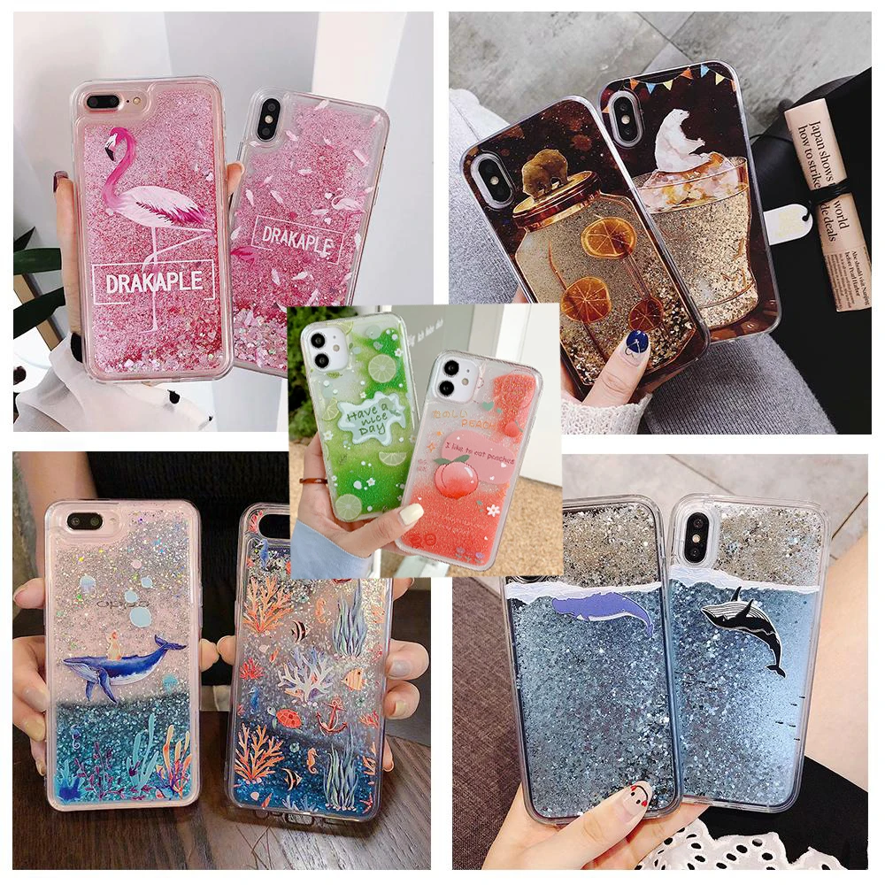 Water Liquid Case For iPhone 13 12 mini 11 Pro XS Max XR XS 7 8 6 6s Plus Whale Fish Floral Flamigo Quicksand Glitter Soft Cover