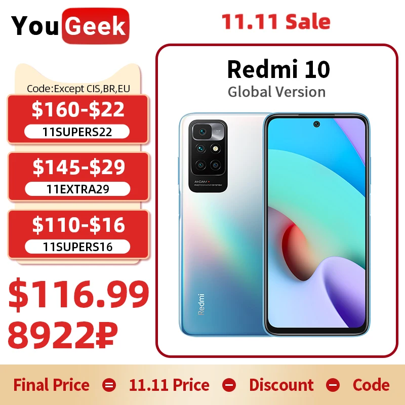 Najtaniej Nowa Globalna Wersja Xiaomi Redmi 10 64GB / 128GB MTK Helio G88 50MP Kamera 90Hz 6.5 ''ekran 5000mAh 18W Szybkie ładowanie Telefonów Komórkowych