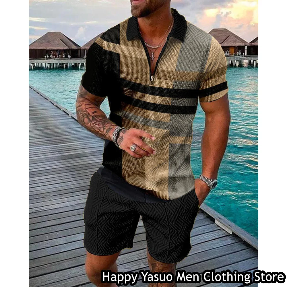 Summer Men Fashion Tracksuit 2 Pieces Solid Striped Printing Polo Shirt Shorts Set Male Casual Outfit Beach Style Clothing