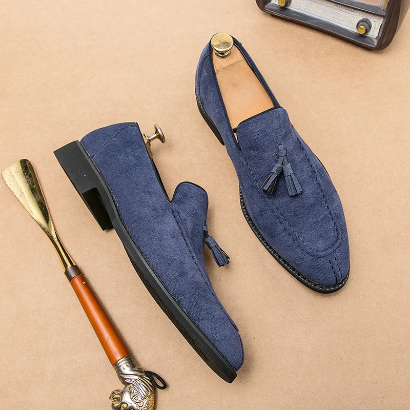 

Men's Loafers Brand Suede Leather Shoes Vintage Slip-on Classic Casual Men Driving Shoes Wedding Male Dress Shoes Tassel pointed