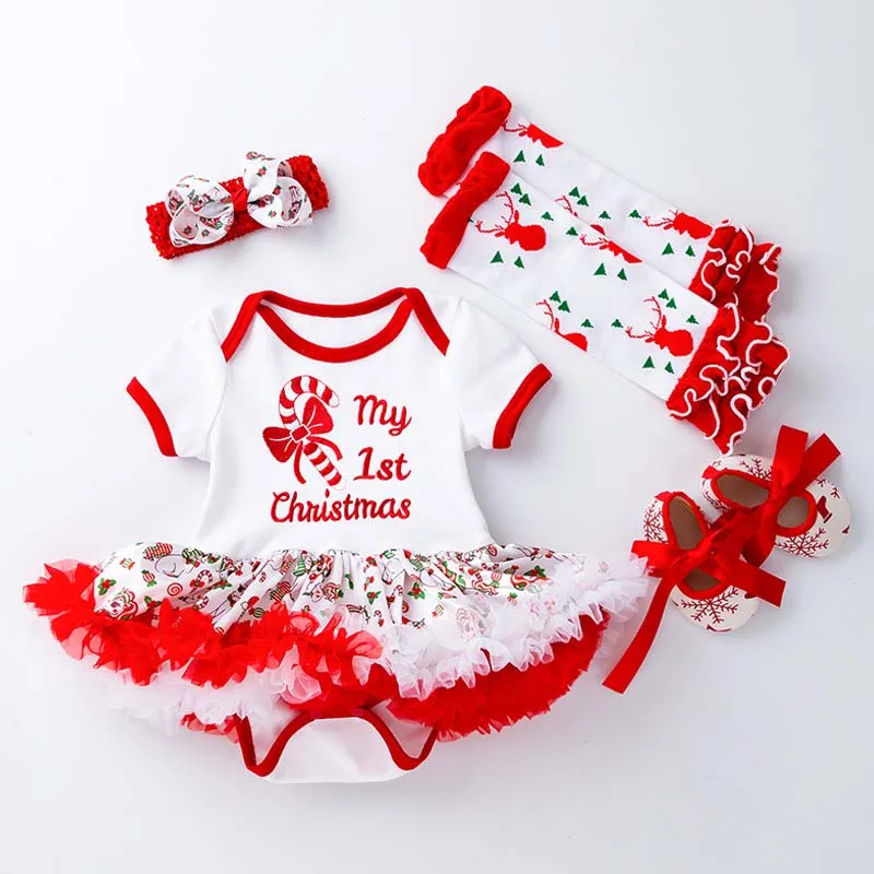 

2022 Baby Girl Clothes My 1st Christmas Embroidery Princess Dress 0-2 Years Short Sleeve Romper Dresses Newborn Costume 4pcs Set