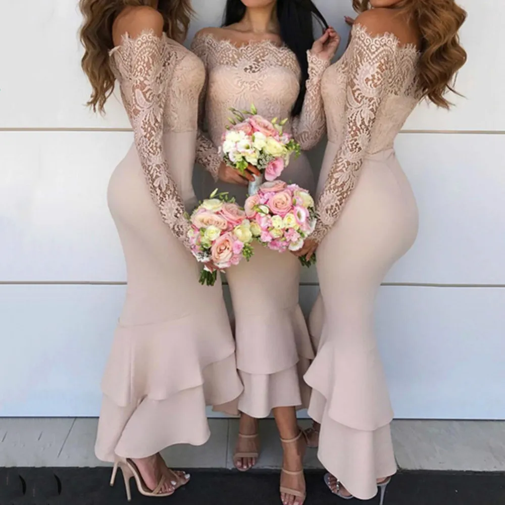 

2022 Mermaid Bridesmaid Dresses For Women Appliques Long Sleeves Ankle Length Maid Of Honor Dress Pleats Custom