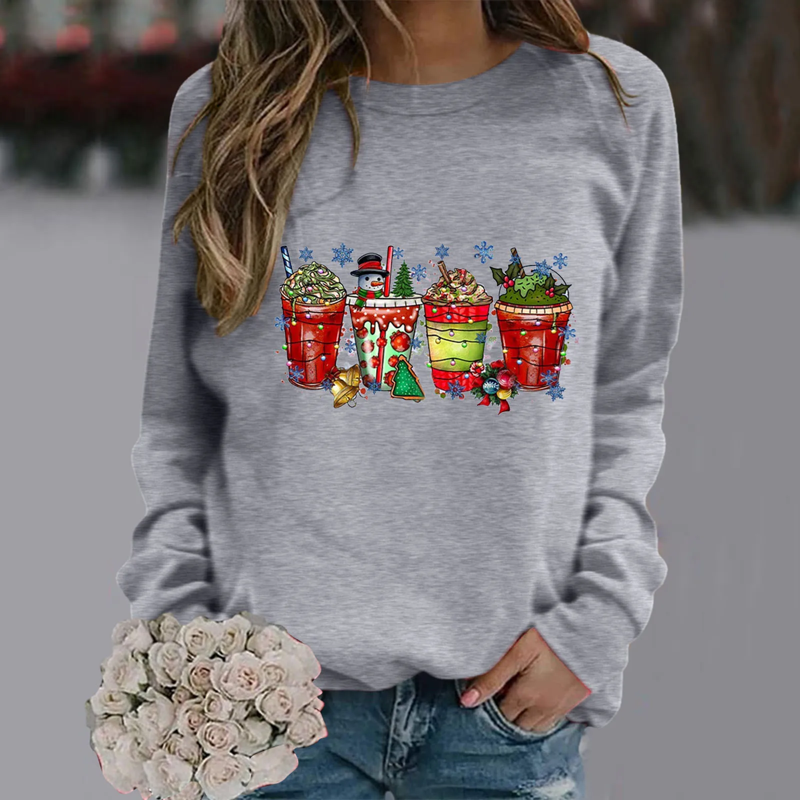 

Womens Cute Print Pattern Casual Loose Solid Color Round Neck Top With Solid Color Long Sleeve Loose Round Neck Christmas
