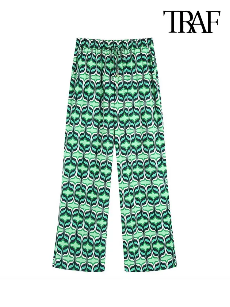 

TRAF Women Fashion Side Pockets Geometric Print Pants Vintage Mid Elastic Waist With Drawstring Female Trousers Mujer
