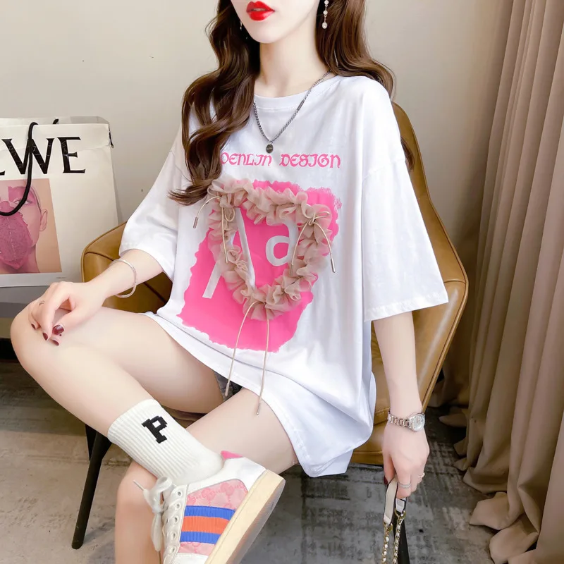 

#4314 Black White T Shirt Women Partchwork Flower Summer T Shirt Short Sleeve Cotton Loose Harajuku Print Women's T-shirt O-neck