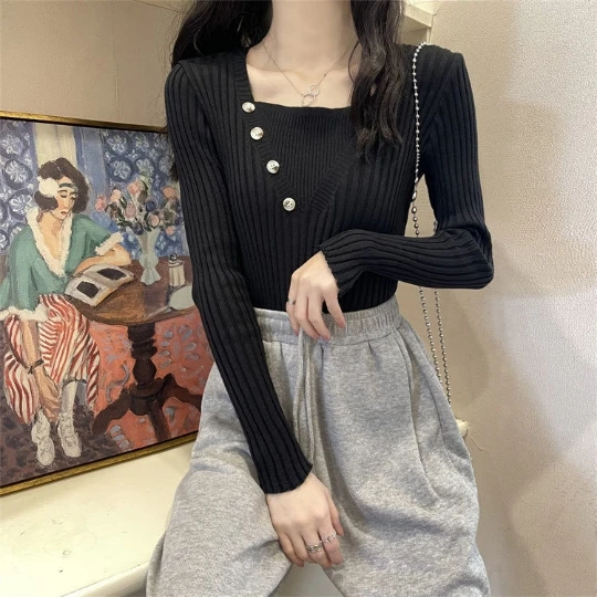 

Black Japan Korea Pullover Girl Woman Women Sweater V-Neck Knit Tops Tight Women's Sweaters Fall Spring Top Coat Cloth Suétere