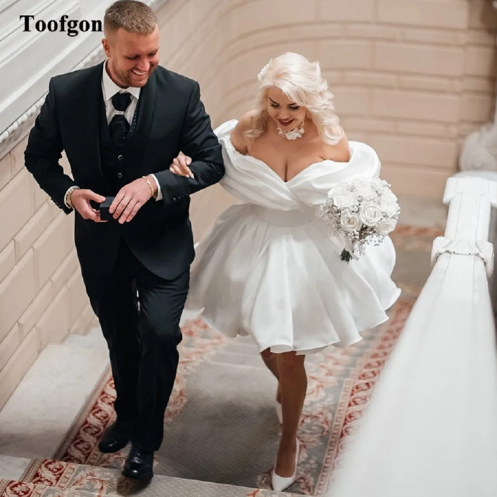 Фото Toofan, простые короткие свадебные платья трапециевидной формы, индивидуальный корсет с открытыми плечами, свадебные платья, одежда для свадебной фотографии, 2025 №1