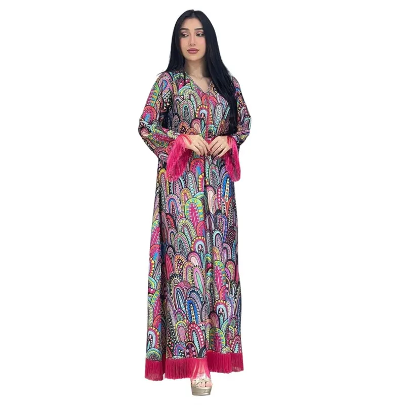 Muslim Maxi Dress Elegant Casual Women Robe African Dress Arabian National Costume Printed Tassel Long Sleeve Dress 2023 Vestido