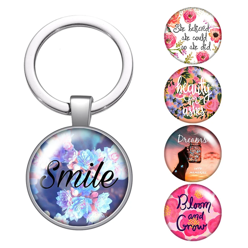 

Flower Smile Dream words glass cabochon keychain Bag Car key chain Ring Holder Charms silver color keychains for Men Women Gifts