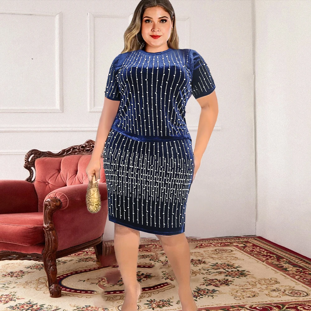 Plus Size Women 2 Piece Dress Sets Bodycon Short Sleeve Beading Shirt Knee Length Skirt Chubby Oversized Sets 2023 Spring new