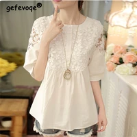 2022 spring summer new short sleeve white sweet womens blouses small fresh lace stitching gentle slim doll shirt wild pullover