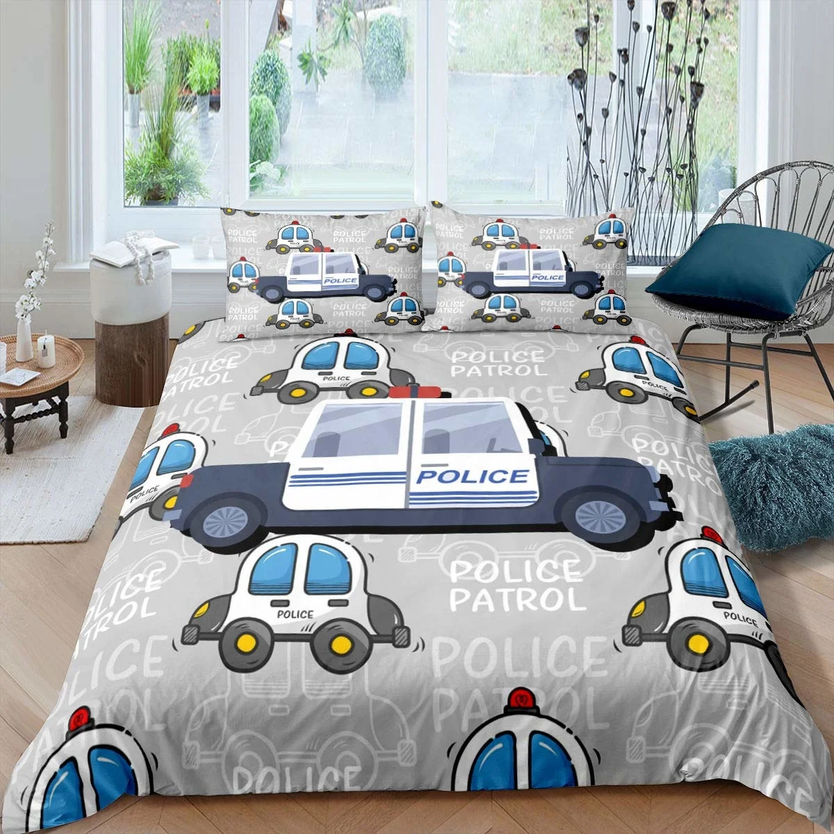 

Police Car King Queen Duvet Cover Cartoon Car Bedding Set Kids Boys Blue Grey Emergency Responder Vehicles Polyester Quilt Cover