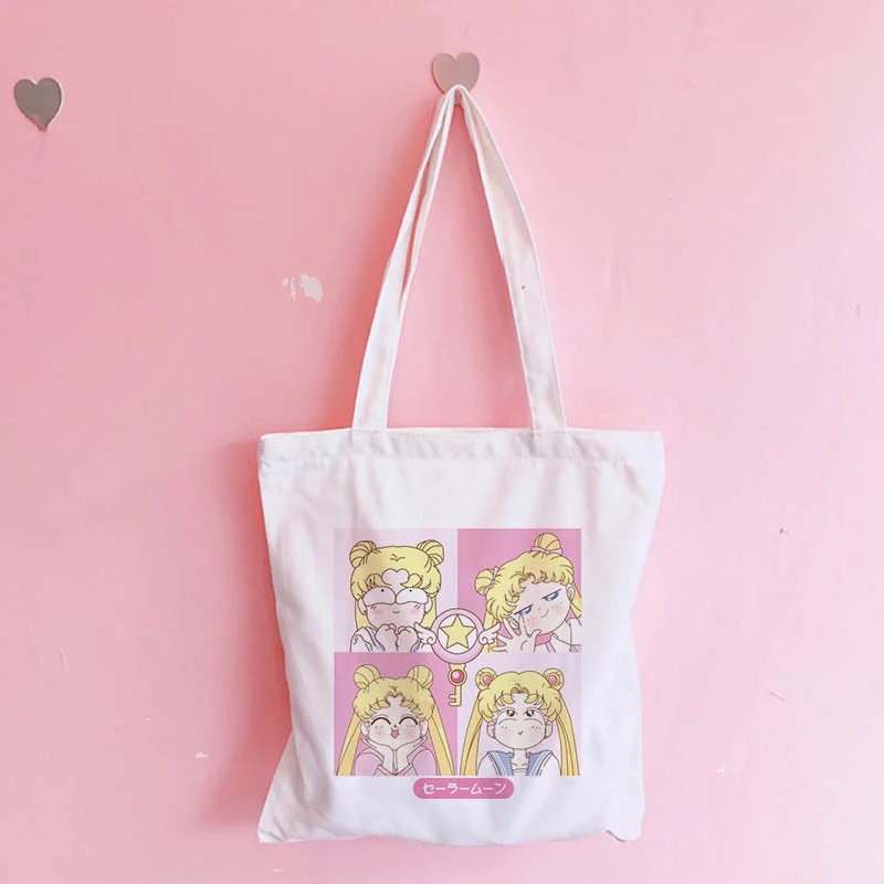 

Shoppers White Shoulder Bags Tote Bag Eco reusable Hand Bags Female Sailor Moon aesthetic harajuku kawaii vintage Cloth bag