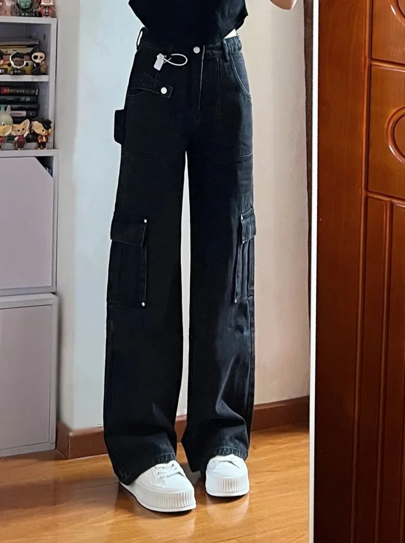 

S-4XL Women Cargo jeans high street pockets floor-length pants jogging high waist denim trousers loose Wide leg pants