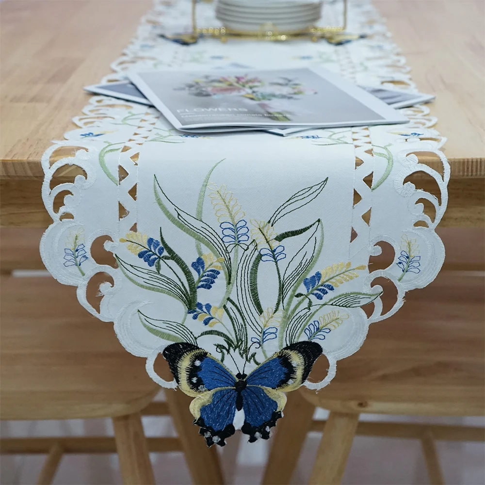 

30x170cm European Style Home Decorative Creative Blue Butterfly Embroidered Dining Room Handmade Dark Coffee Table Runner