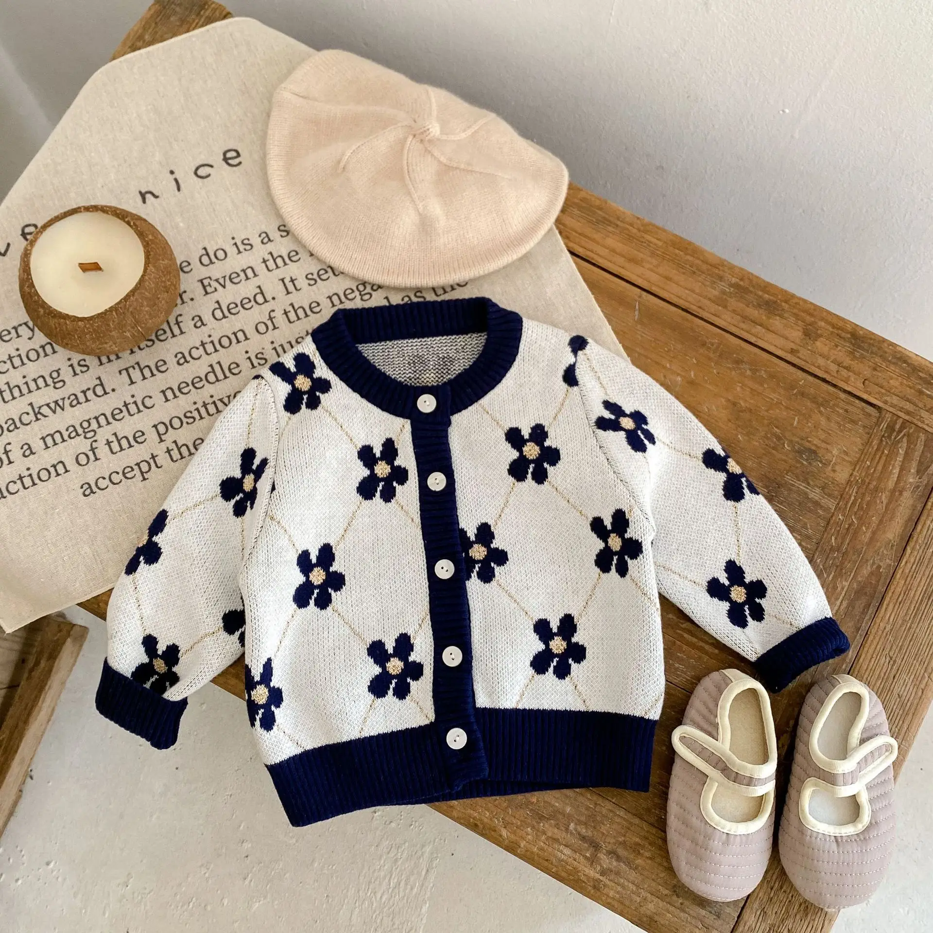 

Spring Autumn Baby Girls Cardigan Coat Children Clothes Sweet Newborn Baby Girls Long Sleeve Floral Print Knit Cardigan Coat