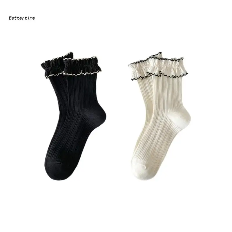 

B36D Women Sweet Lace Ruffle Turn-Cuff Ankle Socks Japanese Style Ladies Girl Princess Frilly Cotton Ribbed Middle Tube Socks