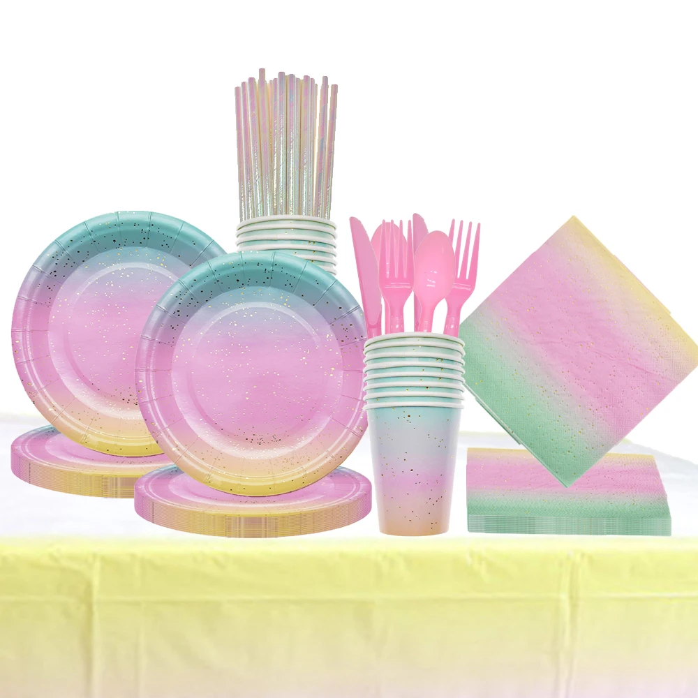 

Pink and Gold Colorful Party Supplies Disposable Tableware Plate Cups Napkins For Birthday Party Wedding Rainbow Bridal Showers