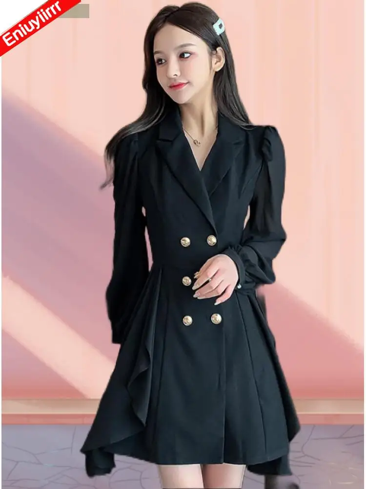 

2022 Hot Sale New Year Feminine Vestidos Women V Neck Black A Line Button Ruffles Party Short Flared Blazer Shirt Dresses