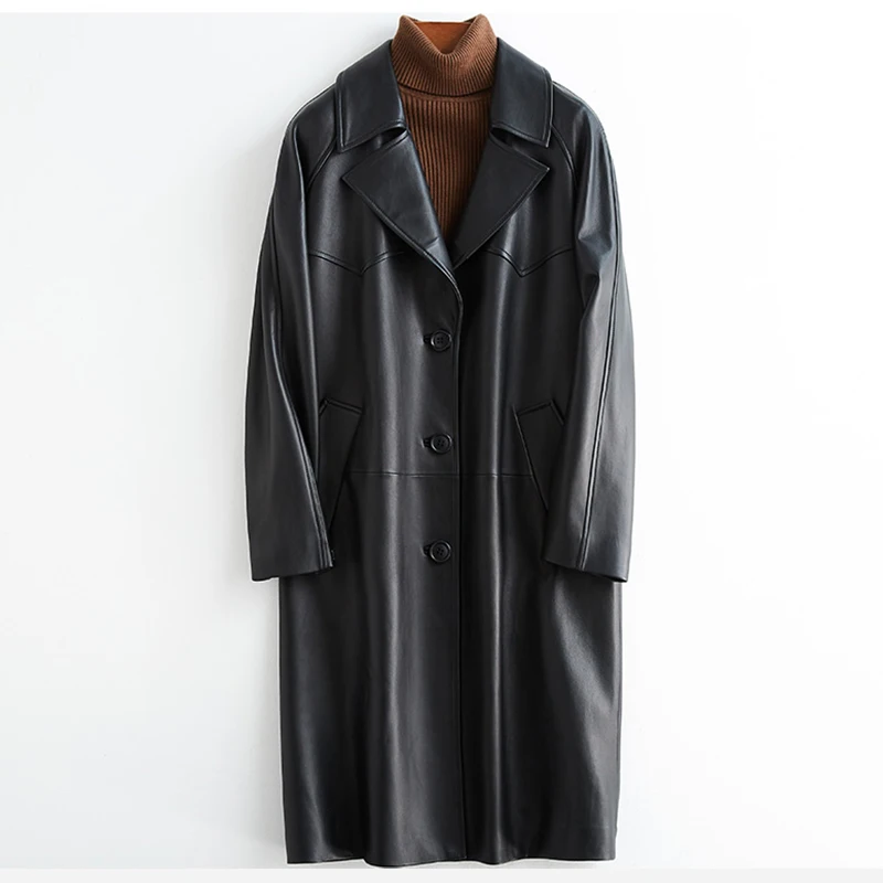 

FAKUNTN Spring Autumn Black Oversized Leather Trench Coat for Women Raglan Sleeve Lapel Loose Casual Stylish Korean Fashion 2022