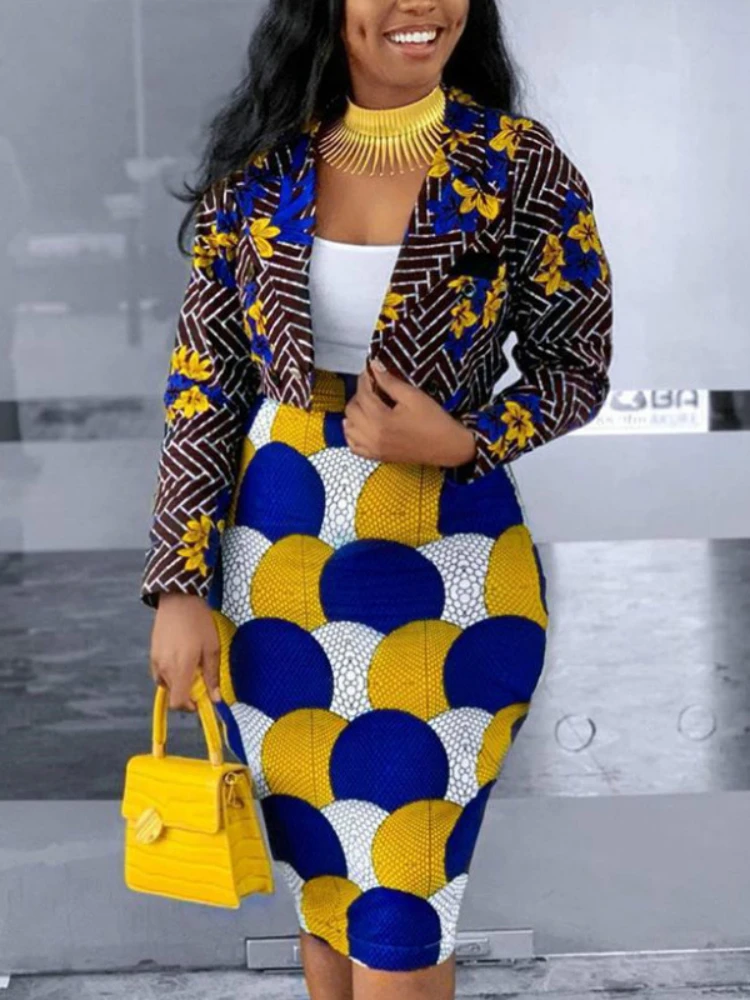 

Women Two Pieces Set Printed Short Blazer and Pencil Skirts Long Sleeve Elegant Office Lady Fashion Work Wear Sexy African Suits
