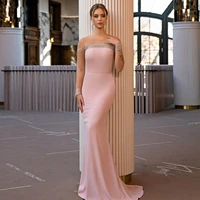 weilinsha mermaid pink formal evening dresses for women long sleeve o neck jersey wedding party dress with zipper back prom gown