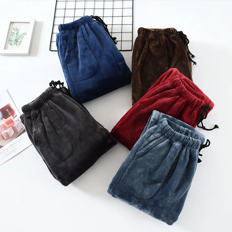 Men Winter Thick Flannel Sleeping Pants Casual Pocket Pajama High Waist Loose Plus Velvet Home Pants Coral Fleece Male Sleepwear