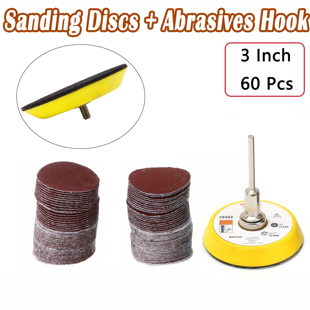 60pcs 3 inch Sanding Disc 6mm Connecting Rod + Hook and Loop Backing Pad P80/P120/P180/P240/P320/P400/P600 Grit Polishing Tools