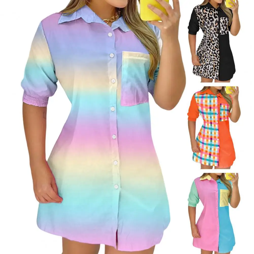 

Женское длинное платье-рубашка с коротким рукавом, свободное платье-рубашка с отложным воротником и принтом, лето 2022