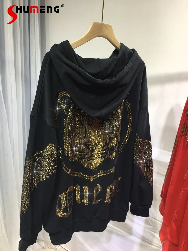 

European Goods Heavy Embroidery Hot Drilling Coat Hooded Loose Long Sleeve Zipper Cardigan Women's Autumn and Winter Sweatshirt