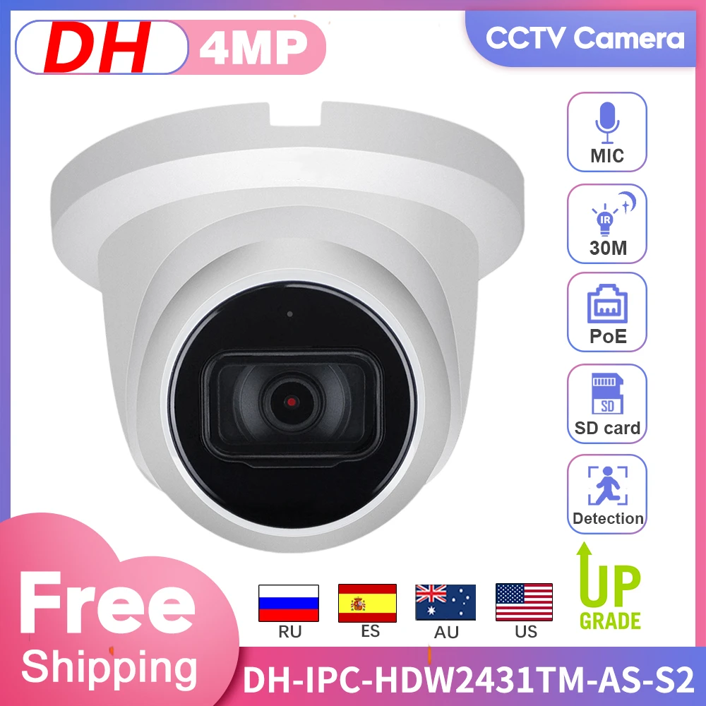 

DH IP Camera 4MP Security IPC-HDW2431TM-AS-S2 Dome PoE IR30m Night Vision Built-in MIC SD Card IP67 Video Surveillance Camera