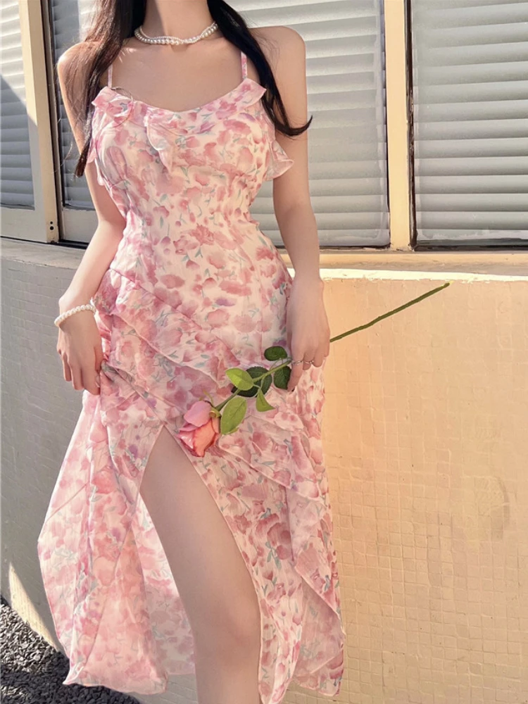 

Elegant Floral Sexy Dress Women Split Backless Party Midi Dresses Female Print Holiday Korean Fashion Strap Dress Summer 2022