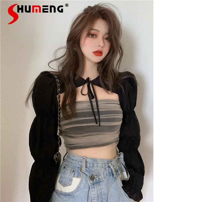 

Women's Spring 2 Pieces Long Sleeve Bandage Black Shawl Shirt Puff Sleeve Slim-Fit Outer Wear and Ultra-Short Corset Top Ladies