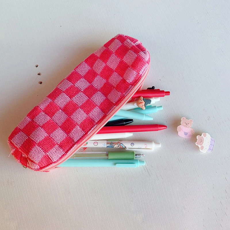 Students Fashion Checkerboard Lattice Custom Lined Pencil Bag Plaid Knitted Fabric Long Round Zipper Pouch