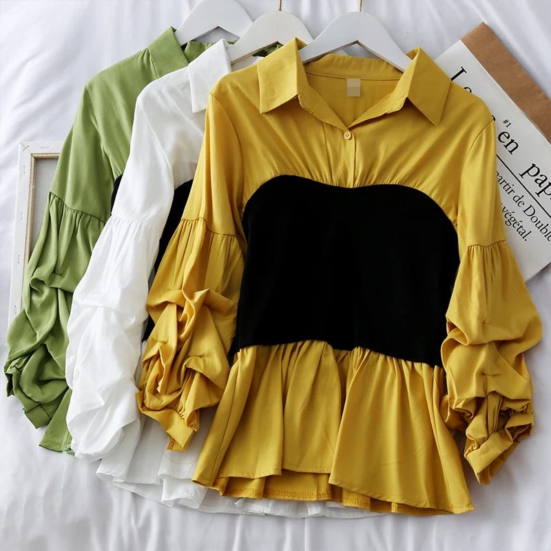 

Korean Hit Color Patchwork Women Shirts Fashion Turn-Down Collar Casual Blouse Spring Summer Mujer Blusas