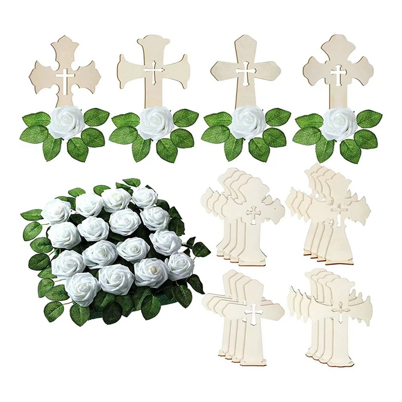 

16 Pcs Standing Wooden Cross Wood Crosses Wood Roses Artificials Flowers For Crafts With Bases White Roses Artificial Flowers