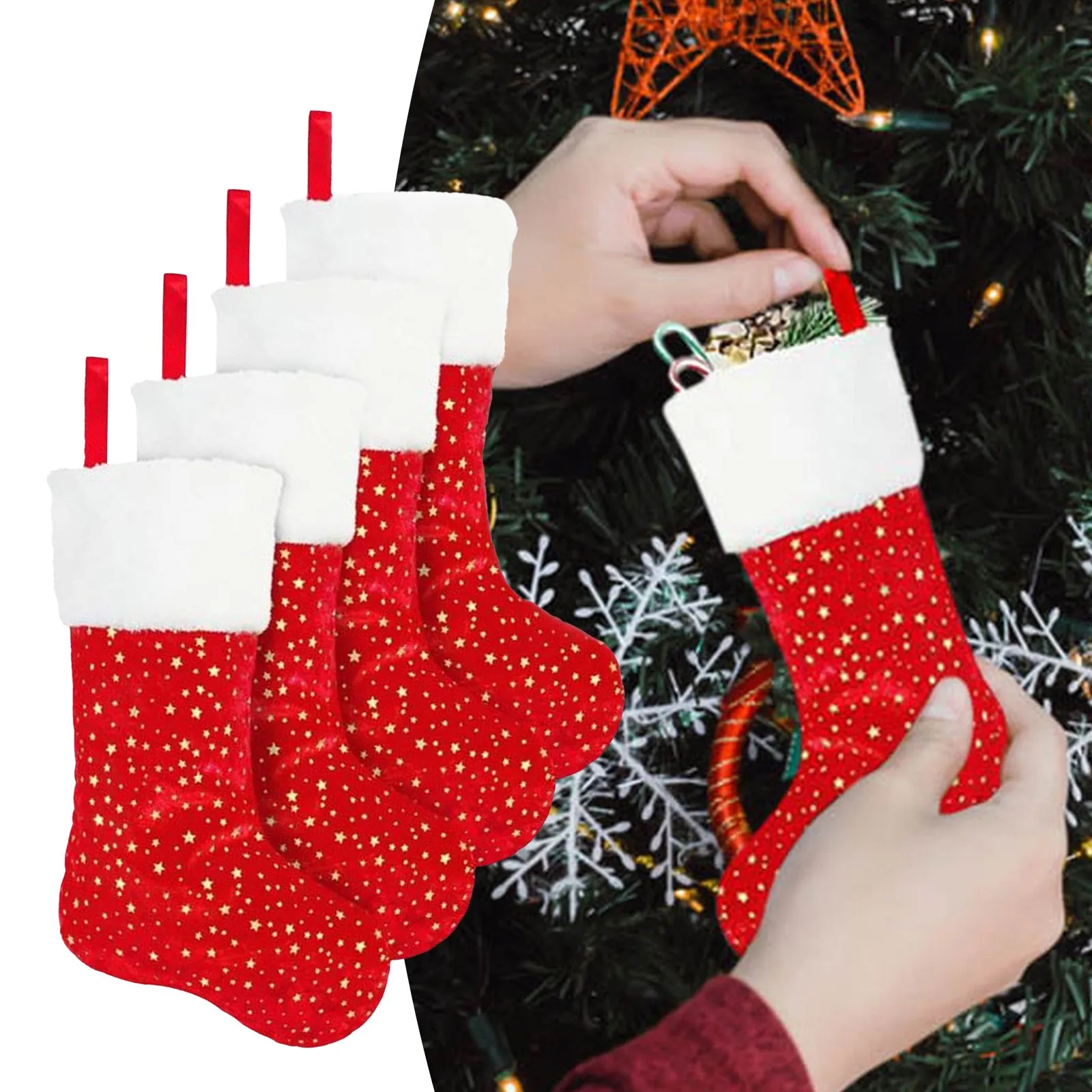 

Рождественские чулки, 4 упаковки, 18-дюймовая Золотая звезда с белой каймой h, классические украшения после Рождества, гирлянда с окантовкой